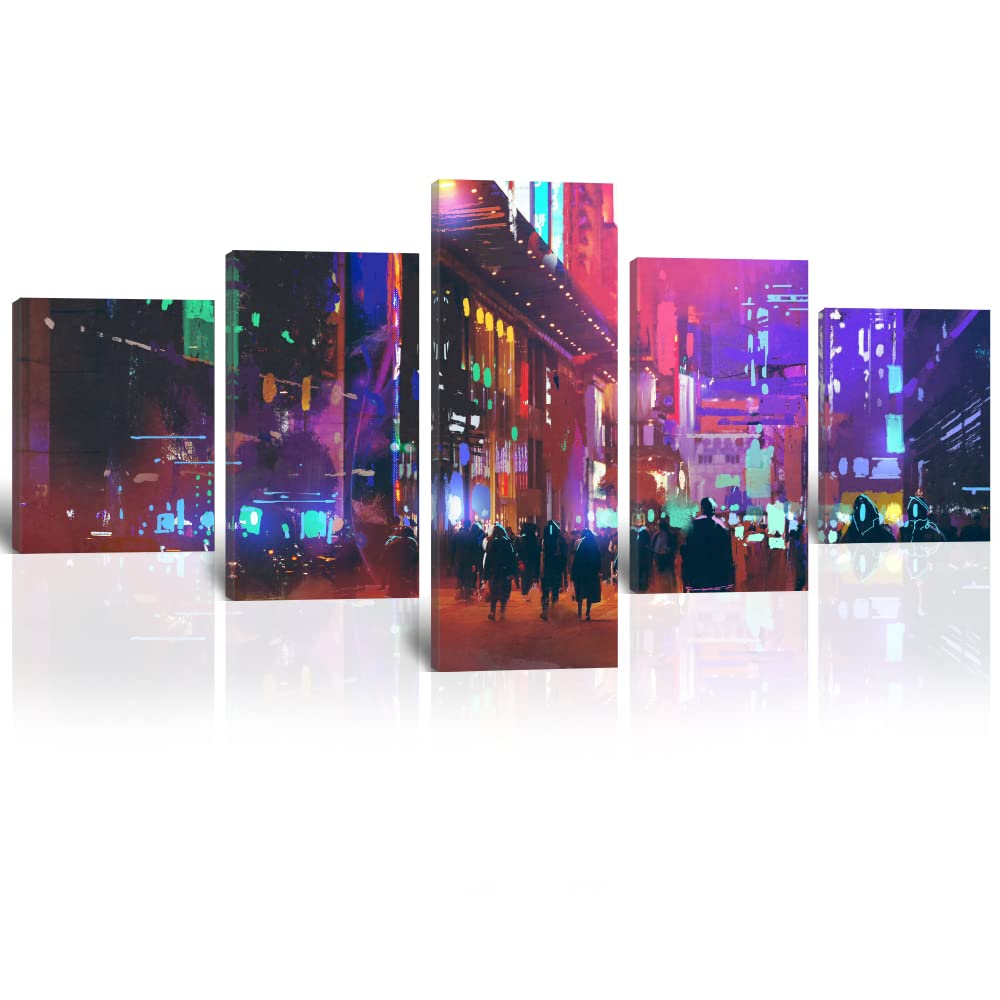 Cyberpunk City Wall Art - Neon Street Canvas Painting for Living Room & Bedroom Decor