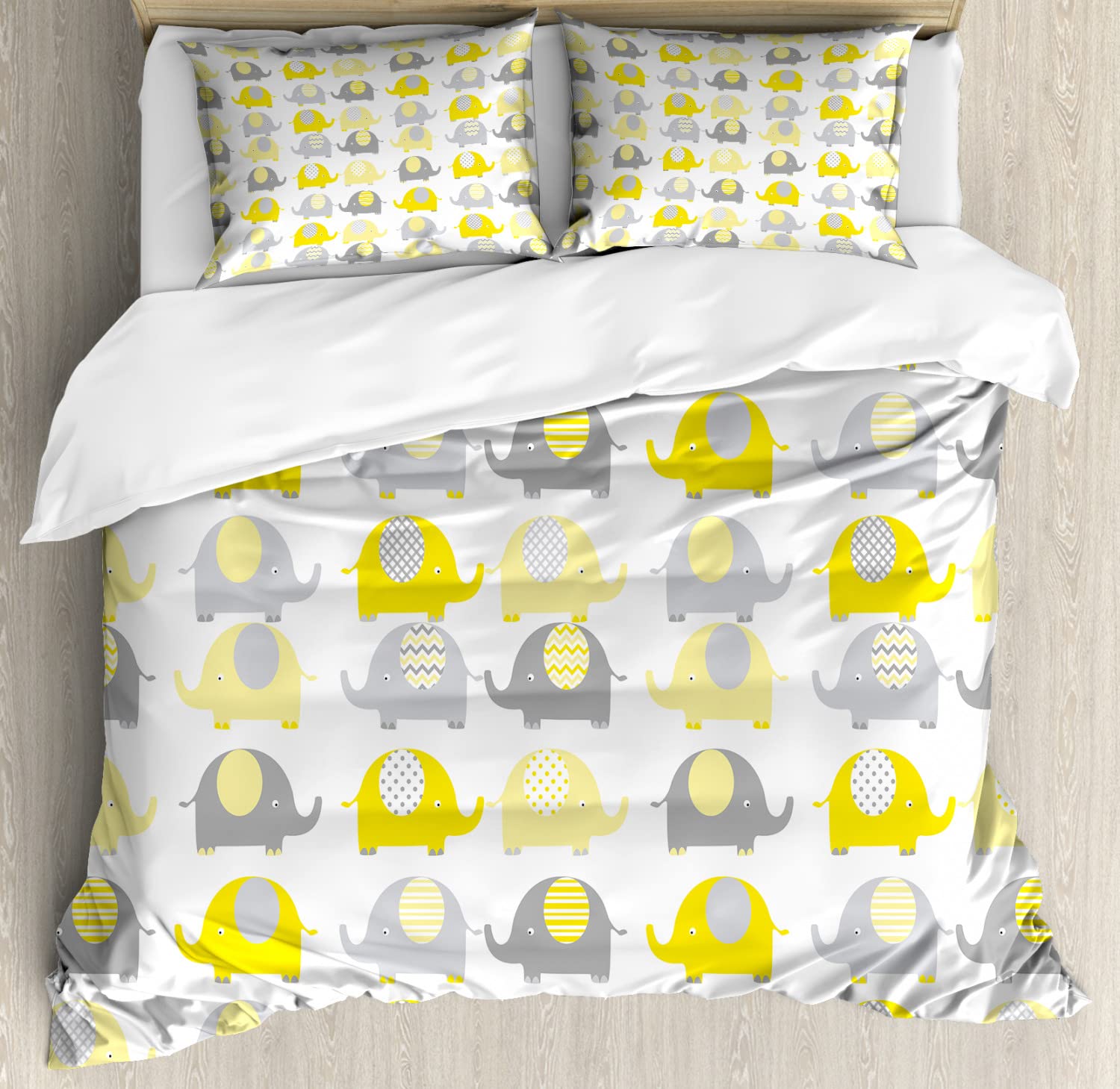 Ambesonne Cartoon Duvet Cover Set - Yellow & Grey Animal Print Bedding Set with 2 Duvet Covers & 4 Pillowcases, Queen Size 2-Pack | Fun Kids Room Decor, Cozy Bedroom Upgrade for Boys & Girls