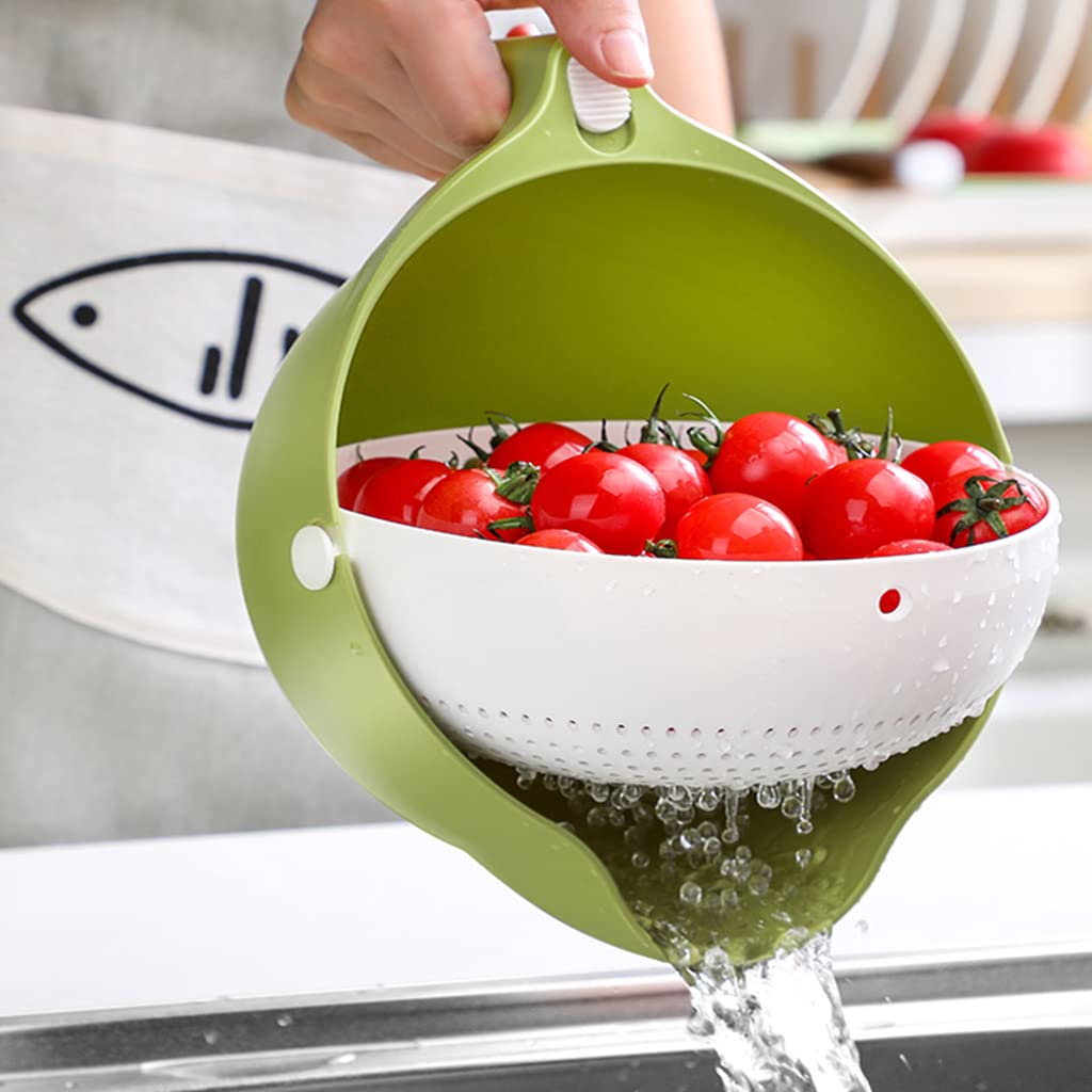 Durable Double-Layer Rotatable Kitchen Strainer & Colander - Plastic Draining Basket with Handle for Pasta, Veggies, Fruits - Perfect for Cooking, Meal Prep, and Kitchen Essentials