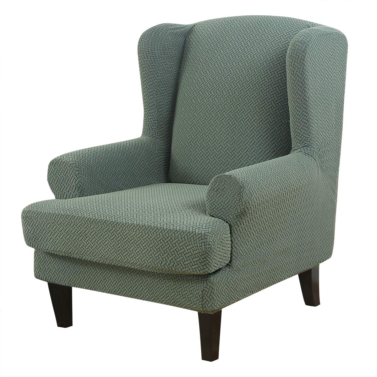 Wingback Chair Slipcovers 2-Piece Set - Stretch Jacquard Fabric with Armrests - Washable Sofa Cover & Furniture Protector in Cyan Blue - Perfect for Living Room, Bedroom, or Office Decor