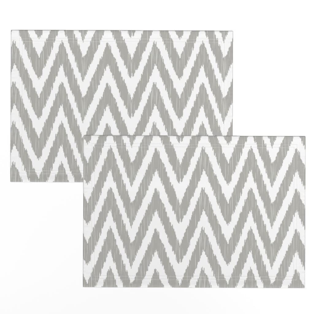 Premium Linen Cotton Canvas Placemats Set of 2 - Gray Chevron Ikat White Print Washable Table Mats for Dining, Kitchen, and Party Decor