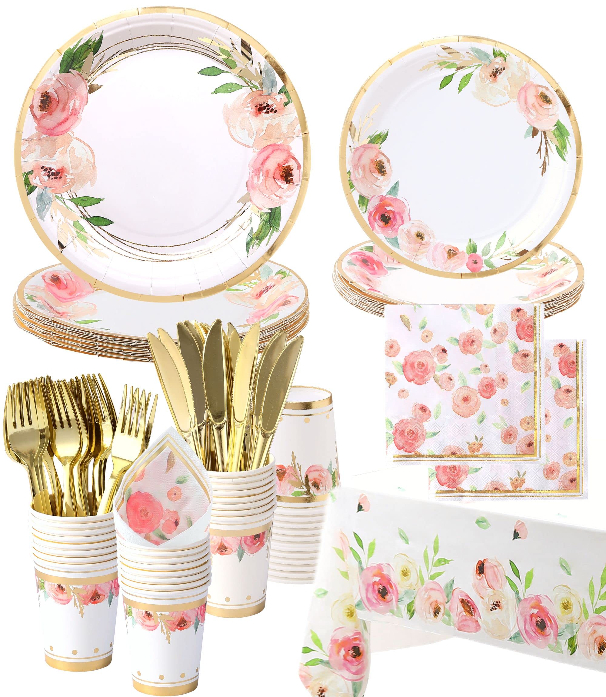 Floral Paper Plates and Napkins Set for 16 Guests - Pink & Gold Flower Party Supplies with Cups, Cutlery - Perfect for Baby Showers, Bridal Showers, Tea Parties & Birthday Celebrations - Elegant Floral Tableware for Girls' Events