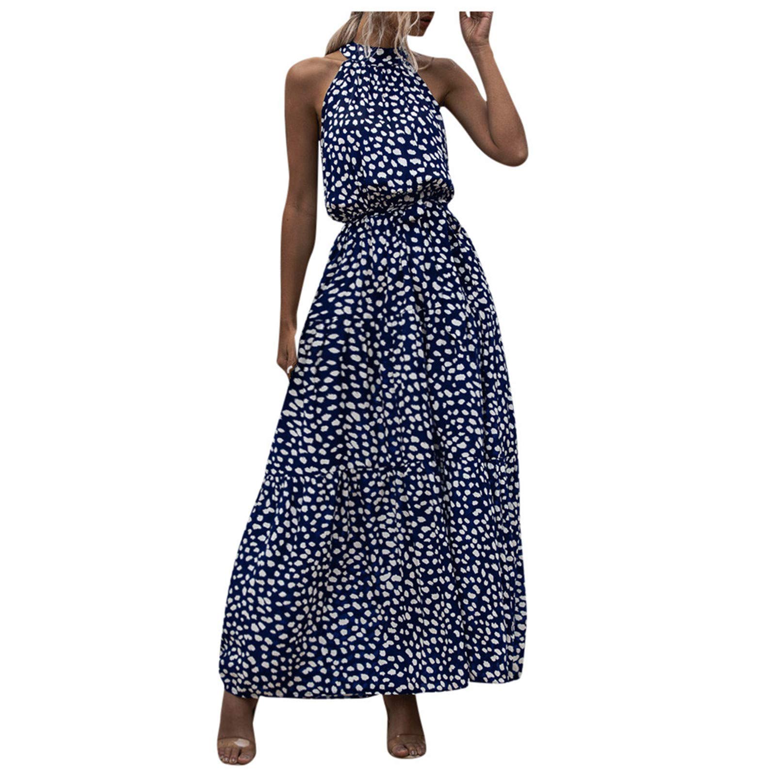Nulairt Women's Summer Long Halter Neck Dress - Floral & Dot Print Sleeveless Sundress for Beach, Vacation & Casual Outings