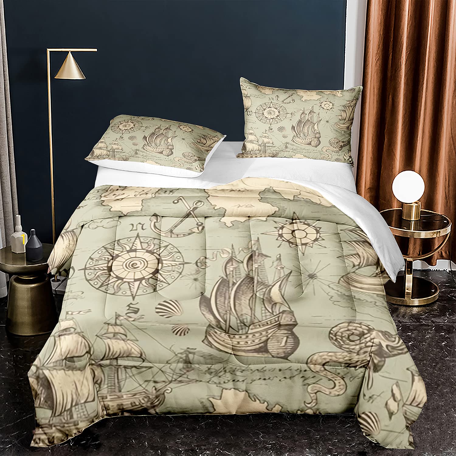 **Nautical King Size 3-Piece Comforter Set - Pirate Ship, Compass, and Anchor Design - Premium Bedding Quilt with 1 Comforter + 2 Pillow Shams - Perfect for Coastal, Beach, or Adventure-Themed Bedrooms**