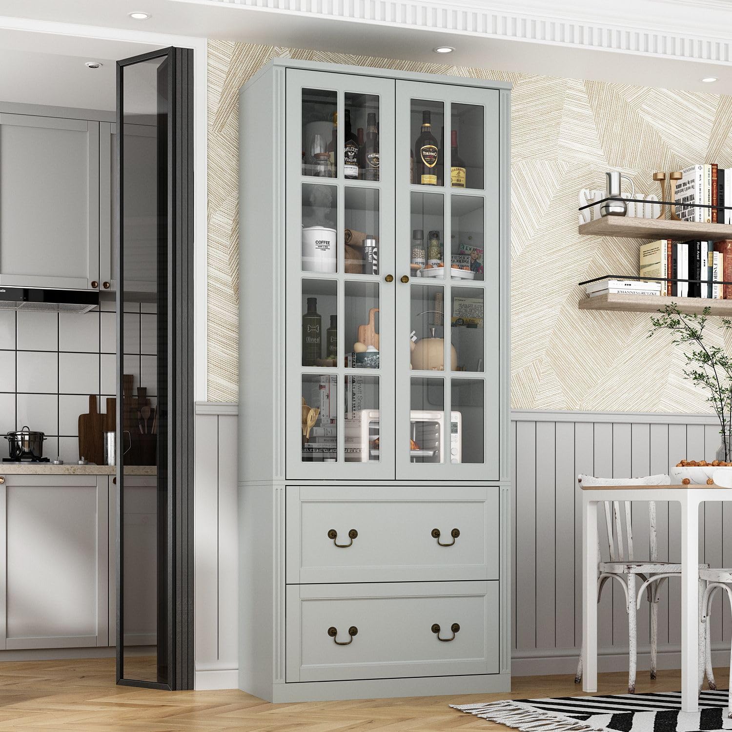 MOUMON Pantry Cabinet with 2 Drawers & Glass Doors - Adjustable Shelves Kitchen Storage Cabinet, 31.5
