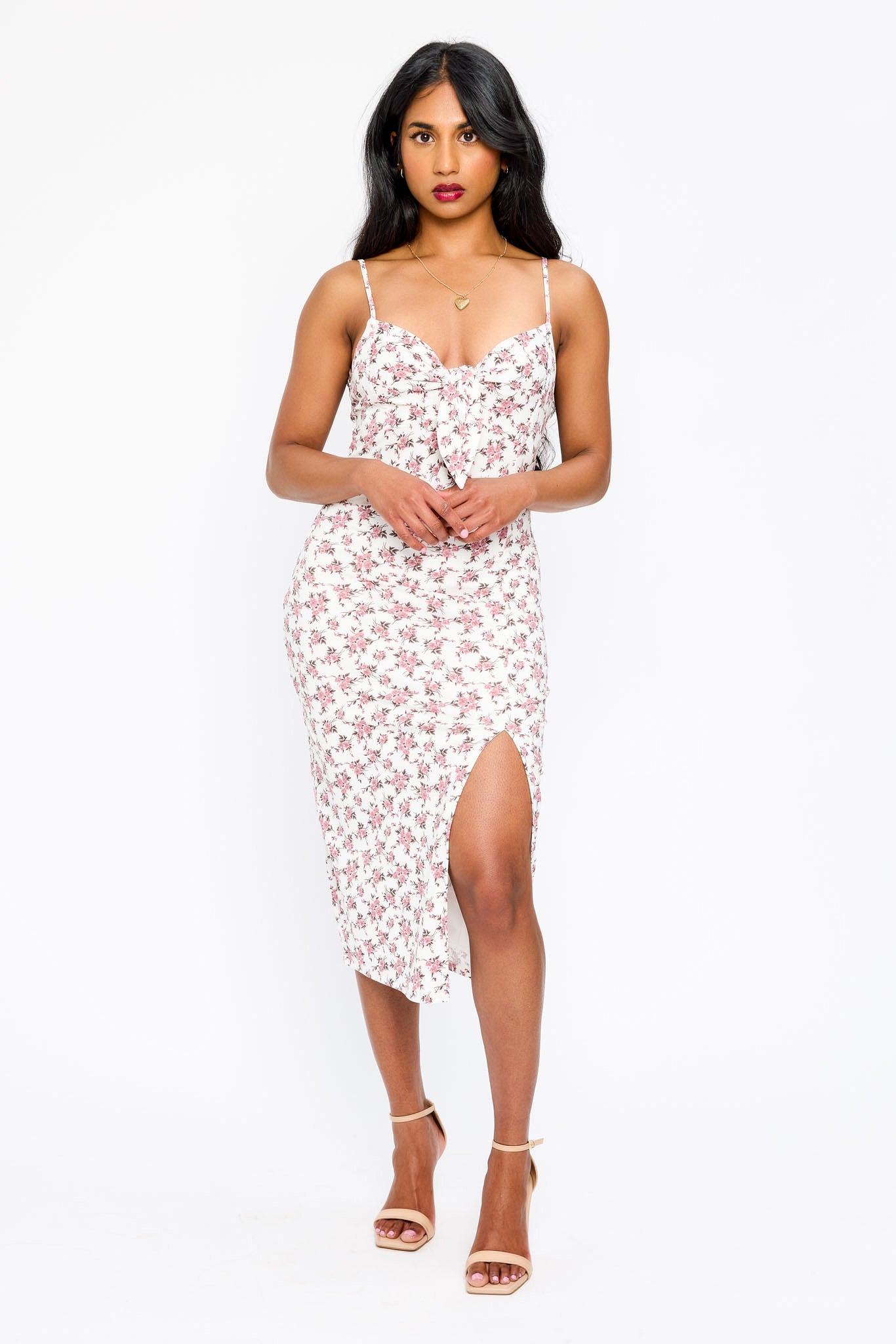 Stylish Ditsy Floral Spaghetti Strap Knotted V-Neck Midi Dress with Side Slit - Perfect for Summer Parties, Beach Vacations & Date Nights