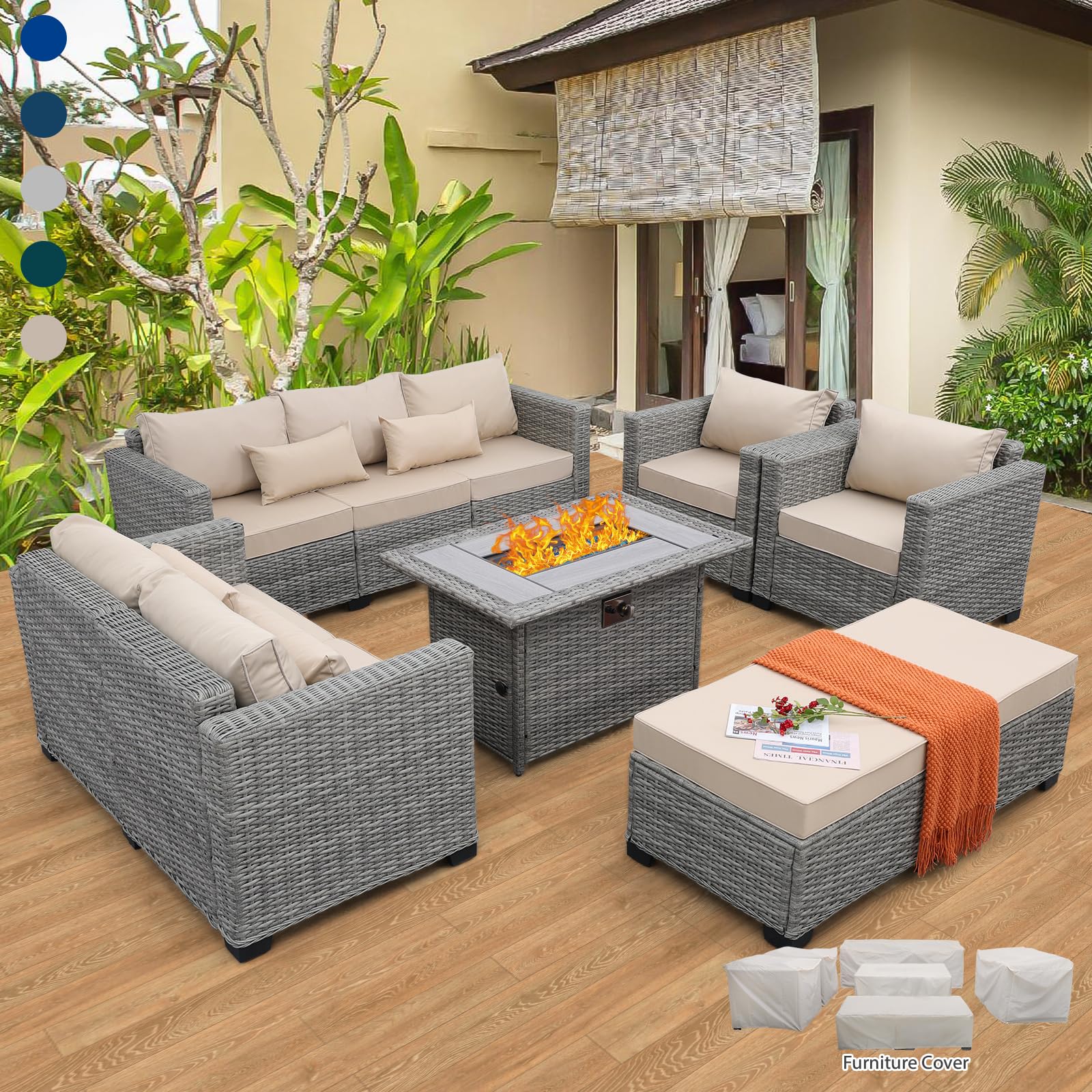 Rattan 7-Piece Outdoor Patio Furniture Set with 45