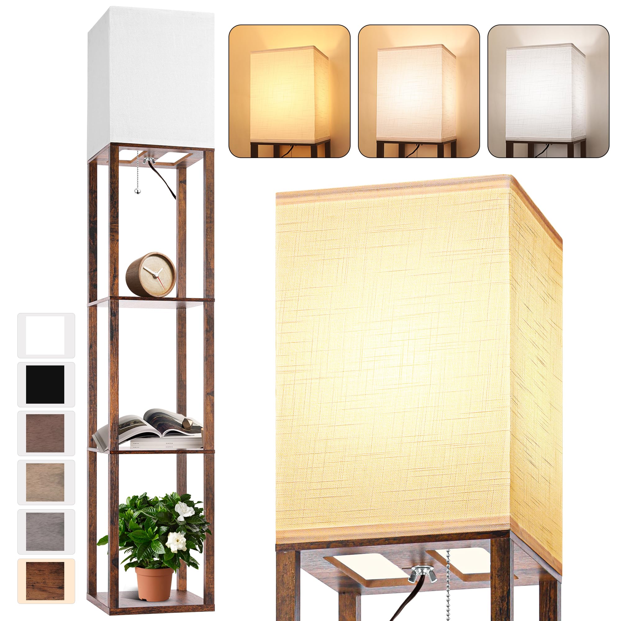 Modern Floor Lamp with Shelves - 3-Tier Corner Standing Lamp with Adjustable CCT LED Bulb, White Linen Shade - Perfect for Living Room, Bedroom & Office Organization - Space-Saving Shelf Tower for Books, Decor & Nightstand Essentials