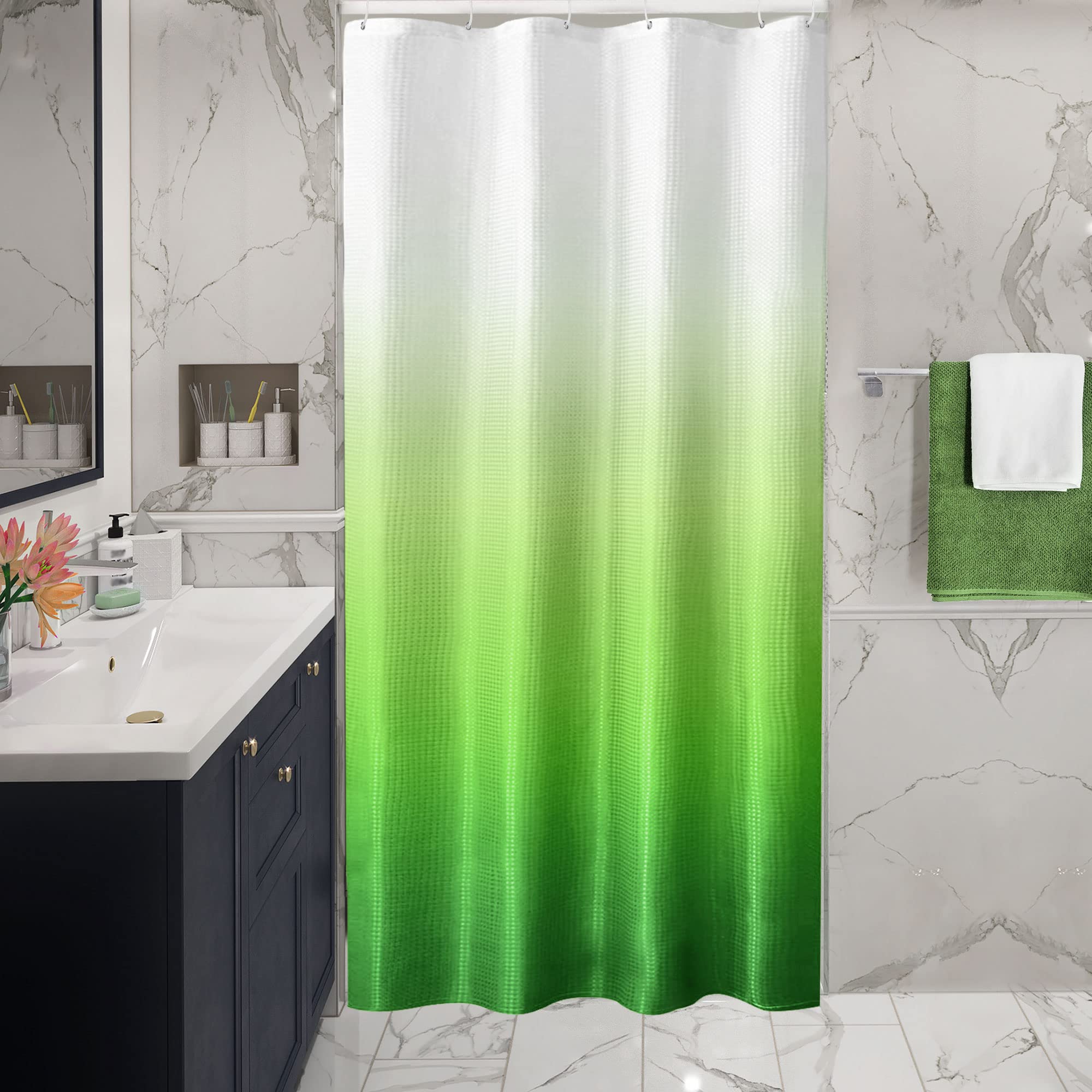 Gibelle Small Stall Shower Curtain 36 x 72 Inches - Narrow Green Ombre Bathroom Shower Curtain with Hooks | Waffle Weave Fabric, Water Repellent & Machine Washable | Perfect for Small Bathrooms, Apartments & RVs