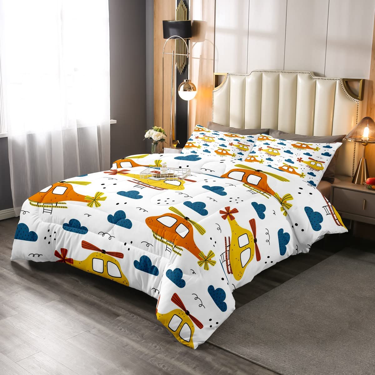 Kids Airplane & Helicopter Comforter Set - Twin Size Cartoon Aircraft Bedding with 1 Down Comforter & 1 Pillowcase (Yellow/Orange) - Perfect for Boys' Bedroom, Flight-Themed Decor & Game Room