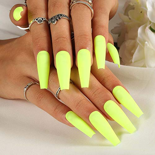 24Pcs Fluorescent Yellow Matte Press-On Nails - Extra Long Coffin Ballerina Fake Nails for Women & Girls | Full Cover Acrylic False Nails | Perfect for Parties, Halloween, and Special Occasions