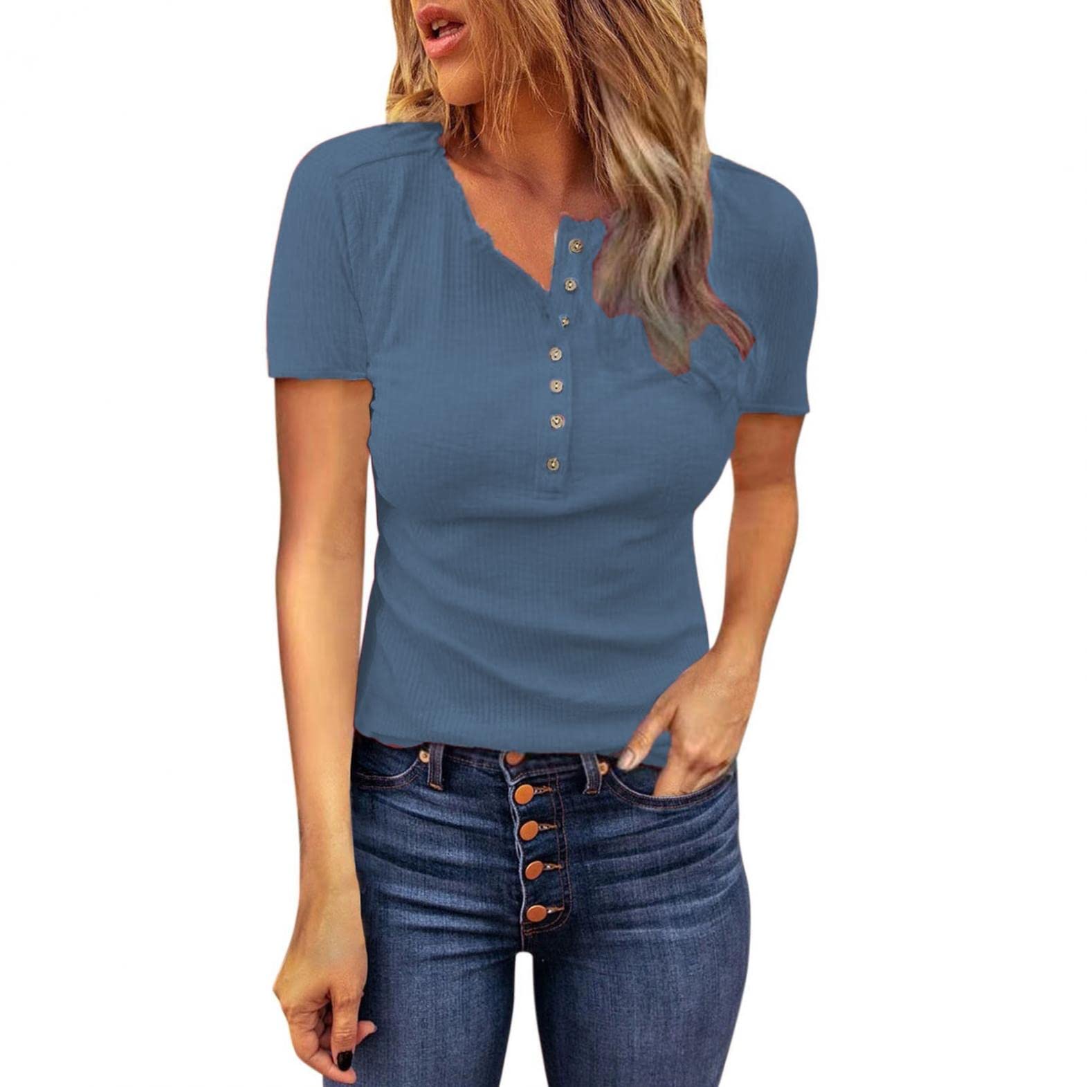 2022 Women's Summer Tops - Simple V Neck Button Short Sleeve Casual T-Shirt | Dressy Blouse for Work, Date & Vacation