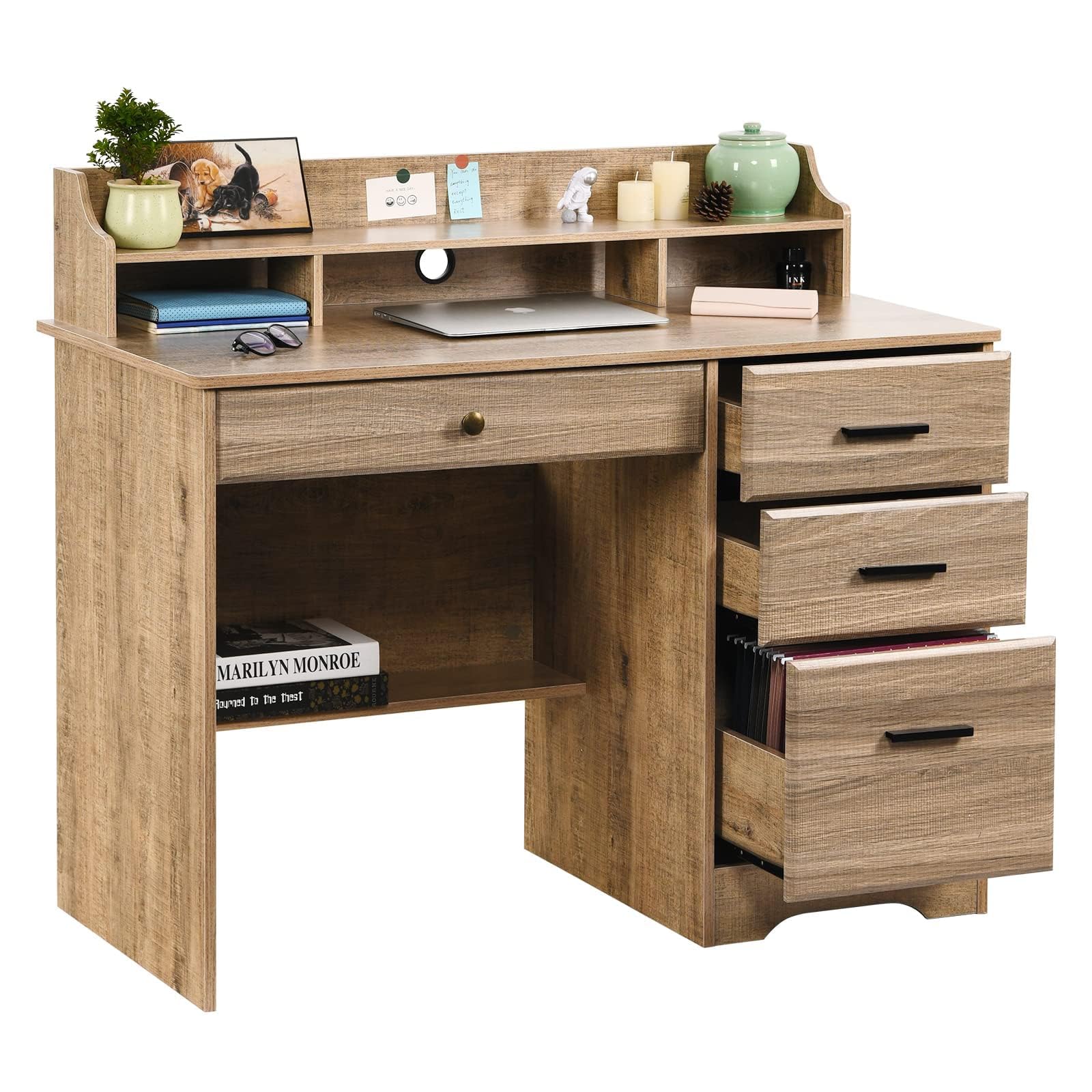 Modern Farmhouse Computer Desk with 4 Drawers & Hutch - Small Office Desk with File Storage, Wooden Writing Table for Home Office, Bedroom, Study - Perfect for Remote Work, Online Classes & Crafting Spaces
