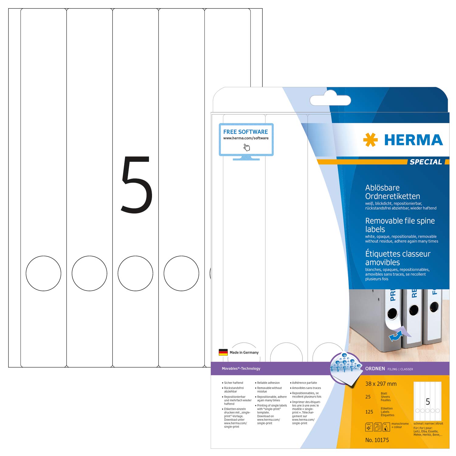 HERMA 10175 Removable Self-Adhesive Spine Labels - 5 Labels per A4 Sheet, 25 Sheets (125 Total), 38 x 297 mm - Blank Lever Arch File Stickers for Laser & Inkjet Printers - Perfect for Office Organization, File Folders & Document Management - White