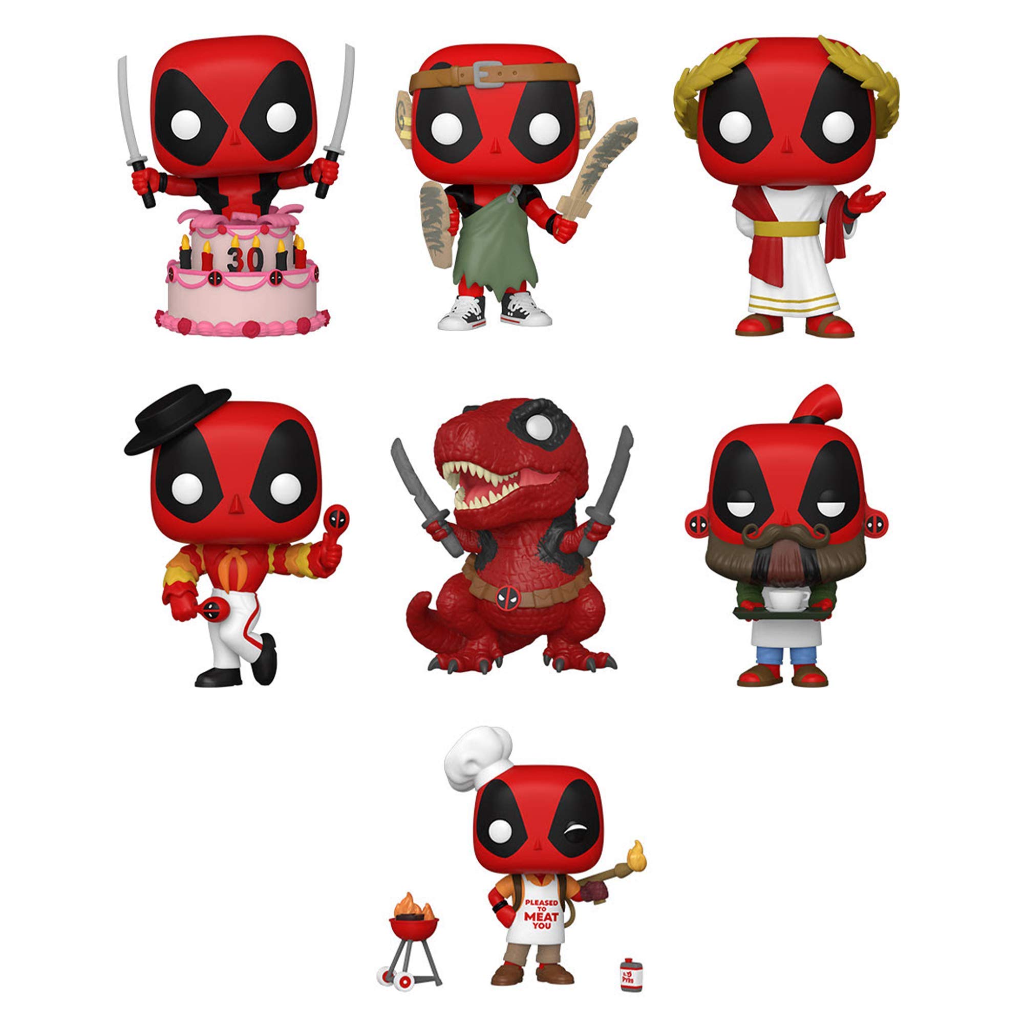 Funko Pop! Deadpool 30th Anniversary 7-Piece Collectible Set - Backyard Griller, Coffee Barista, Dinopool, Flamenco, Roman Senator, LARP & Cake Versions | Marvel Comics Action Figures for Display, Gifts & Pop Culture Collectors