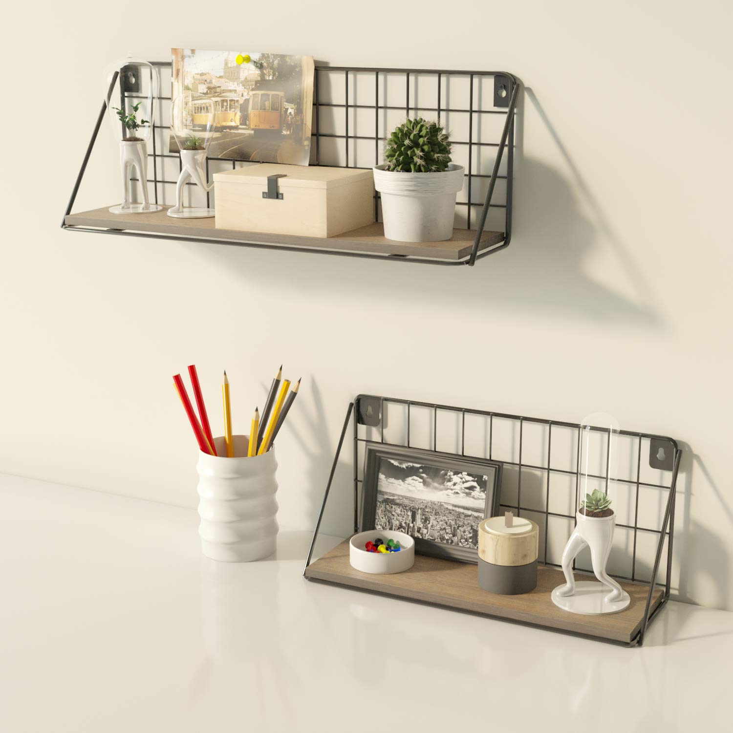 BAMFOOX Set of 2 Floating Wall Shelves - Rustic Bamboo Storage Shelves for Photos, Decor, Books | Perfect for Bedroom, Living Room, Bathroom, Kitchen & Office Organization | Wall Mounted Display Shelves for Home Decor