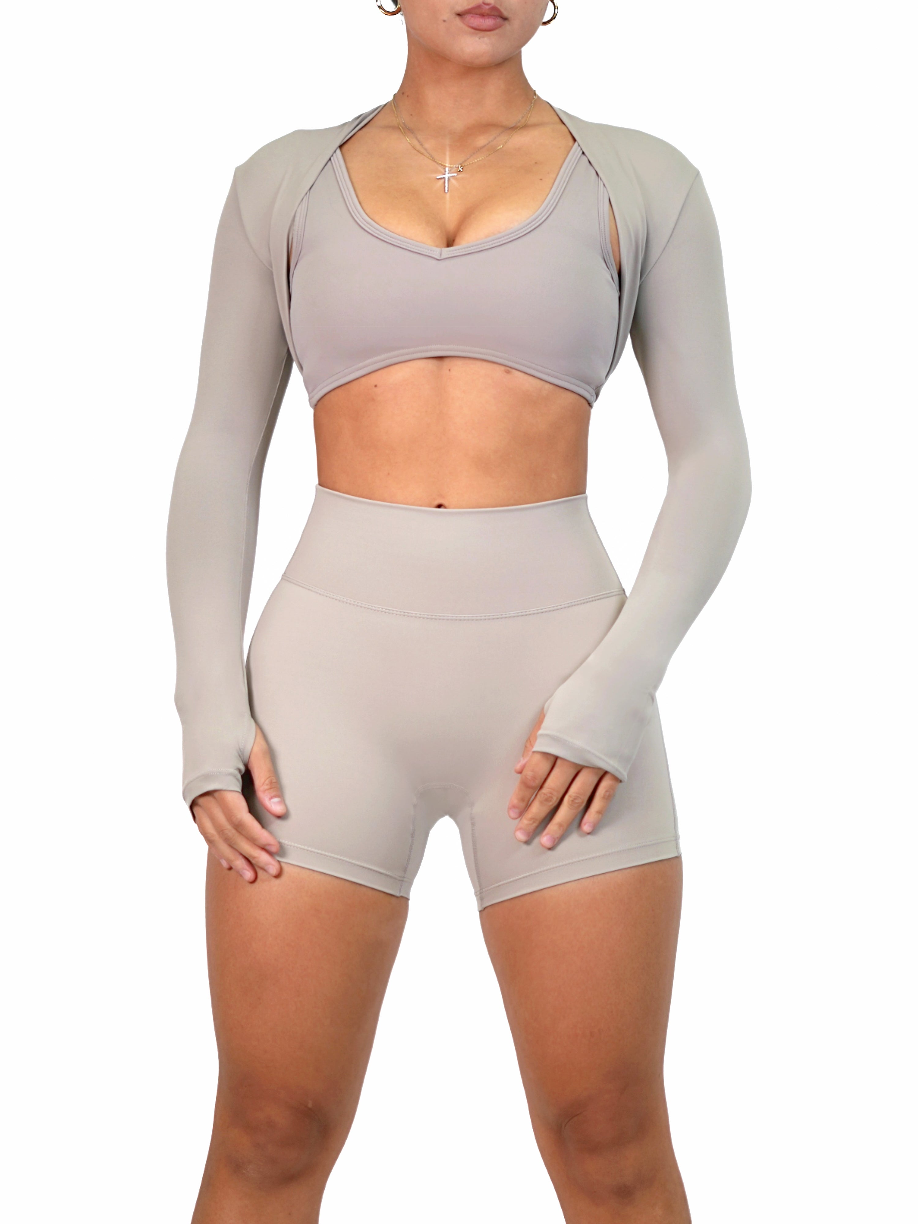 Athletic Bolero Long Sleeve Top for Women - Breathable Workout Shirt in Stone Color | Yoga, Running & Gym Wear