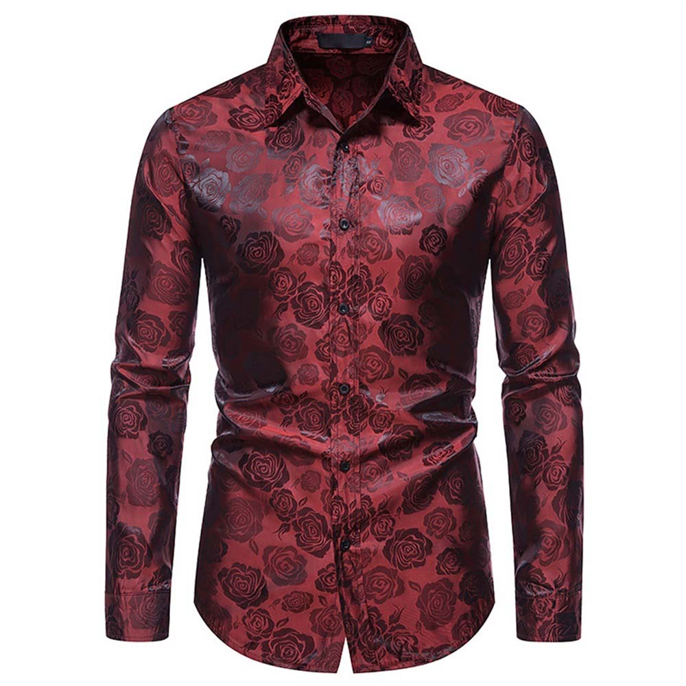 Men's Slim Fit Rose Printed Casual Shirt - Red Short Sleeve Button Up Shirt for Summer, Date Night & Outdoor Activities