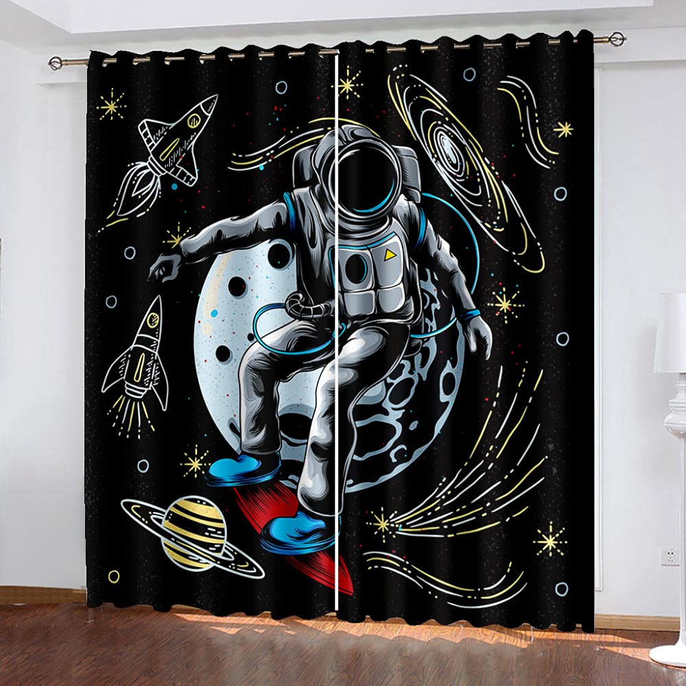 HAJYCFR Blackout Soundproof Curtains - Cartoon Astronaut & Planet Design (118x110 Inch, 2-Panel Set) - Thermal Insulated Grommet Window Drapes for Bedroom, Living Room & Home Theater | Perfect for Kids Rooms, Space-Themed Decor & Light-Sensitive Sleepers