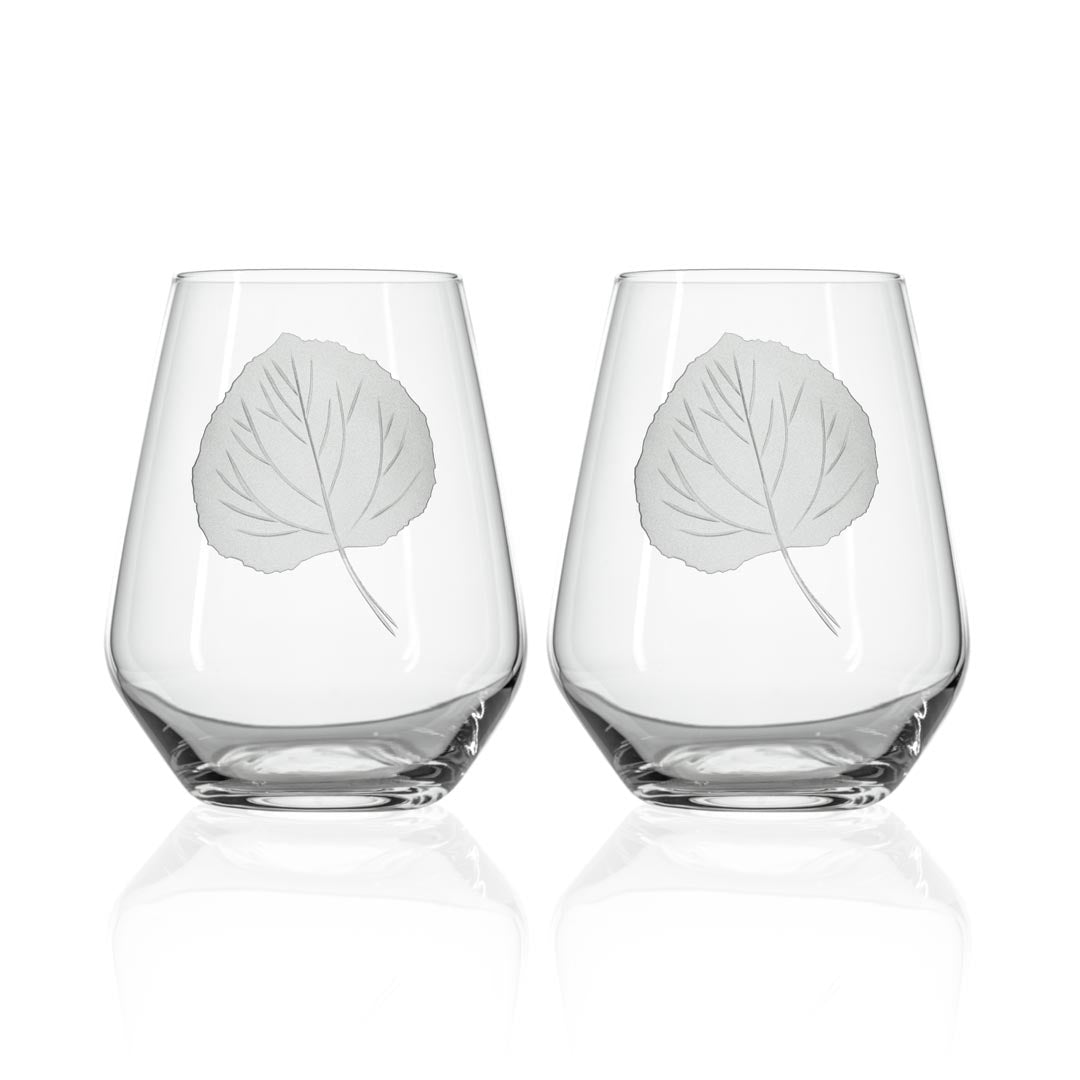 Premium 18oz Stemless Wine Tumbler Glasses Set of 2 - Shatter-Resistant Aspen Leaf Design for Red & White Wine - Perfect for Dinner Parties, Picnics & Outdoor Entertaining