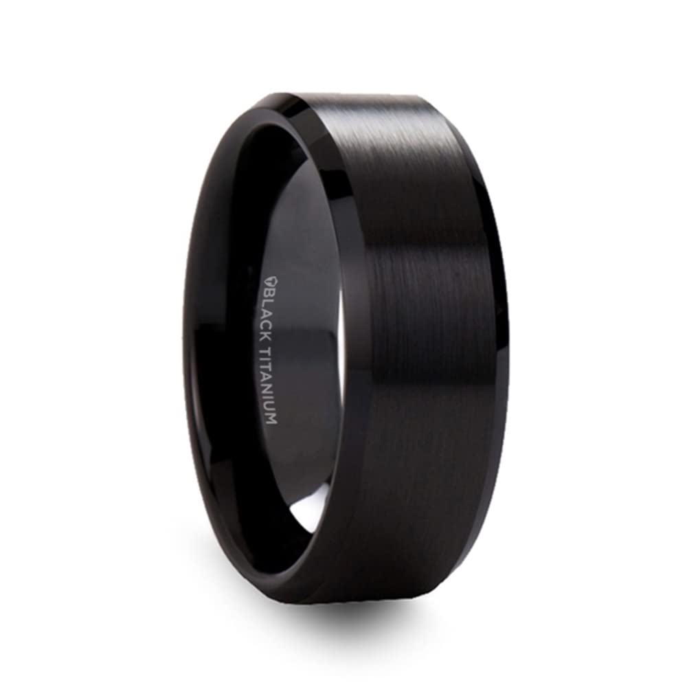 Men's Black Titanium Wedding Band - 8mm Wide Brushed Finish with Polished Beveled Edges - Comfort Fit Ring for Men - Perfect for Weddings, Anniversaries & Everyday Wear - Elysian Style