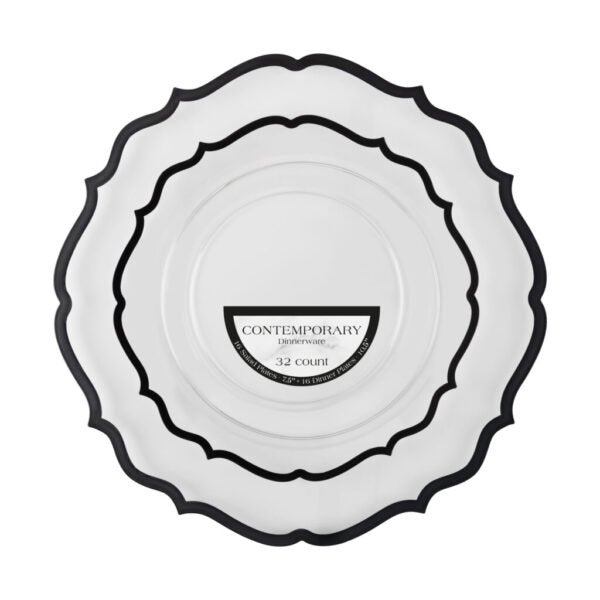 32-Piece Clear & Black Rim Plastic Dinnerware Set for 16 Guests - Modern Dinner Plates, Salad Plates, Bowls & Cups - Perfect for Outdoor Dining, Parties, BBQs & Picnics
