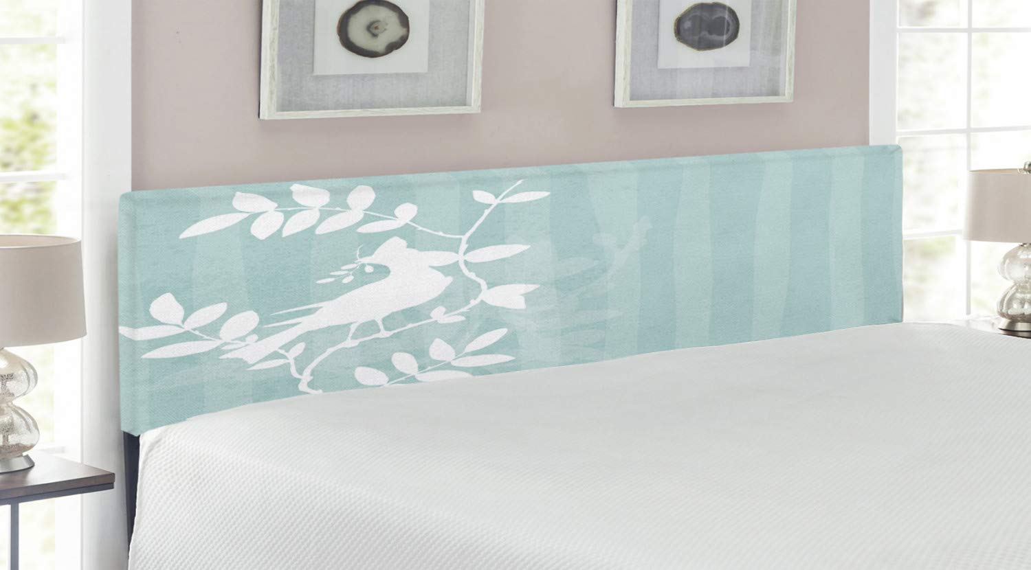Ambesonne Nature King Size Upholstered Headboard - Bird Silhouette on Tree Branch with Striped Summer Print, Decorative Metal Bed Frame with Memory Foam, Turquoise & White | Perfect for Bedroom Decor, Guest Rooms & Cozy Master Suites