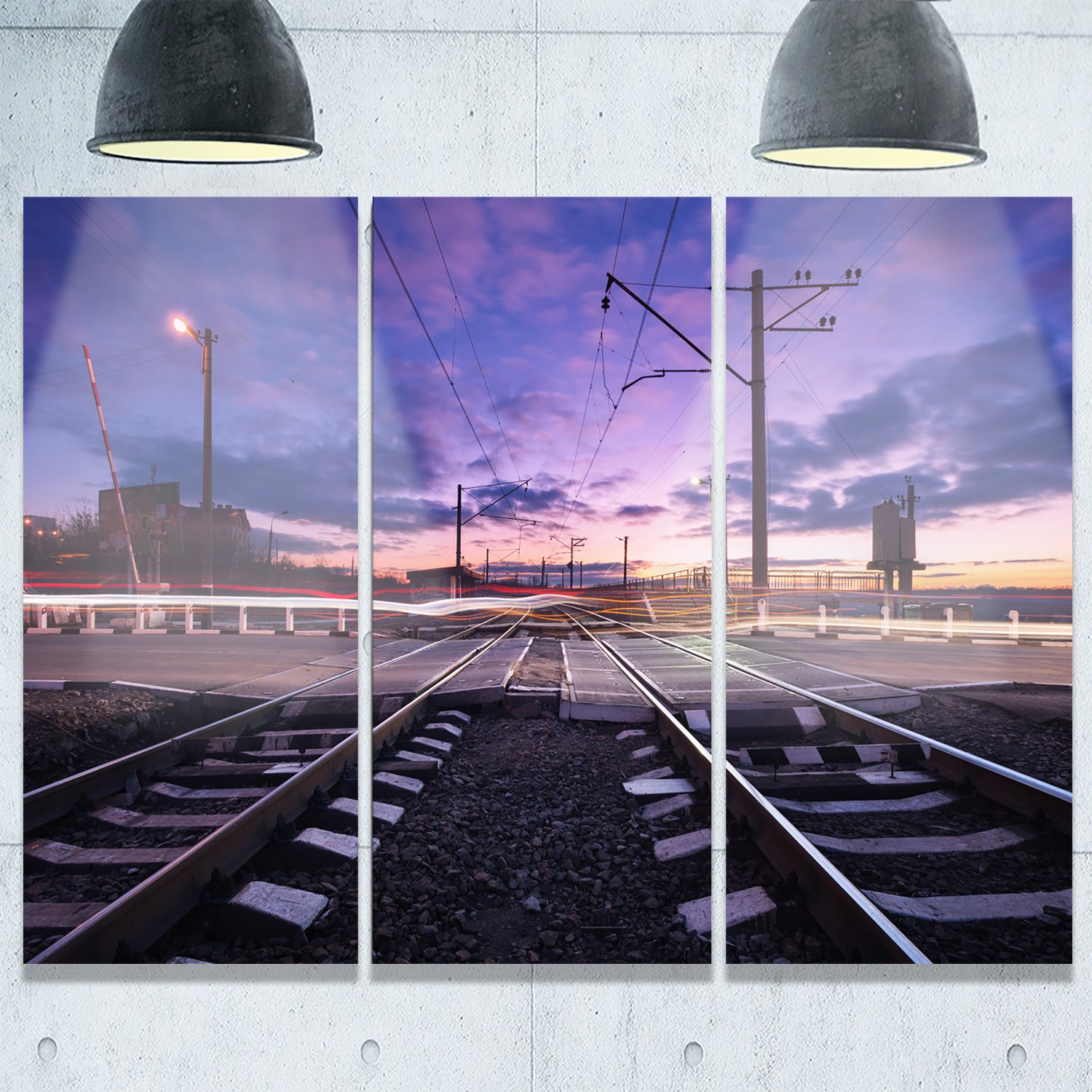 Designart MT9709-3P Modern Rail Crossing with Blurred Car Lights Cityscape Metal Wall Art - 3 Panel Set (28x36x1 Inches) - Blue - Perfect for Living Room, Bedroom or Office Decor