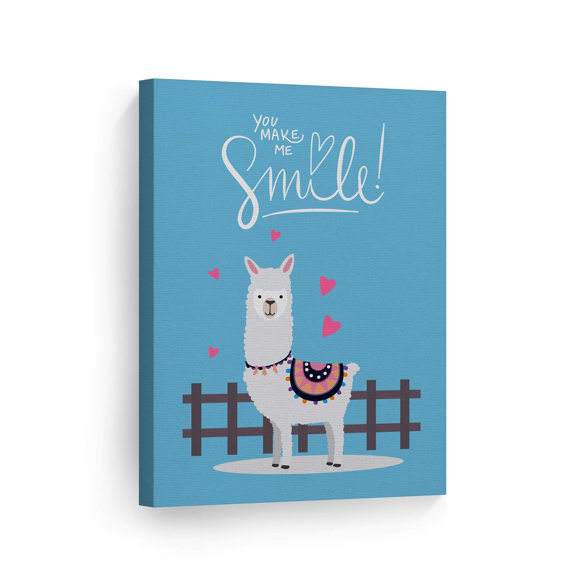 Smile Art Design - Cute Alpaca Illustration Canvas Print for Kids Room Decor | Blue Background Wall Art for Nursery & Baby Room | Ready to Hang 28x19 | Made in USA | Perfect for Birthday Gifts & Playroom Decor