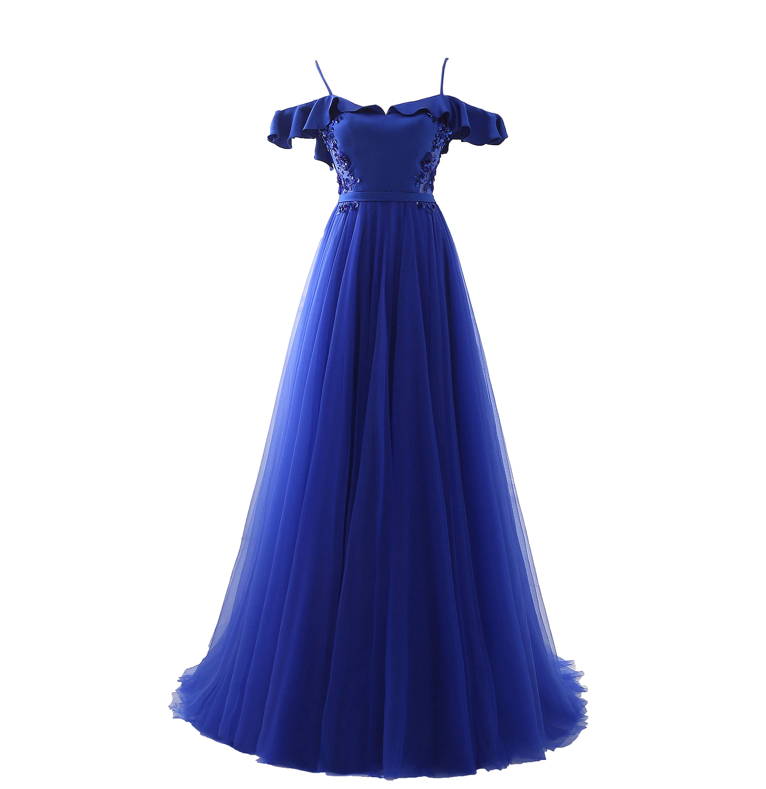 Elegant Blue Long Prom Dresses for Women - Off Shoulder Tulle A-Line Formal Gown with Applique Details | Perfect for Homecoming, Evening Parties & Special Occasions