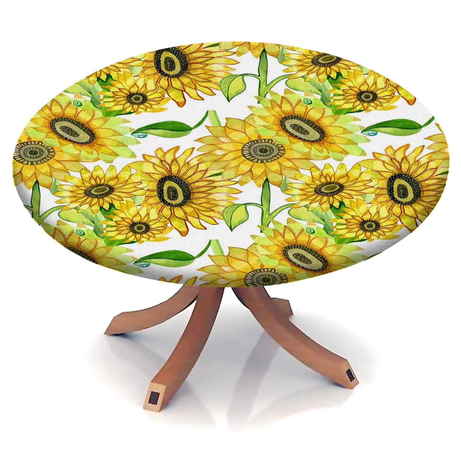 Sunflower Printed Fitted Tablecloth 28 Inch - Yellow Fabric Table Cover for Kitchen, Dining, Party & Outdoor Use - Fits 20