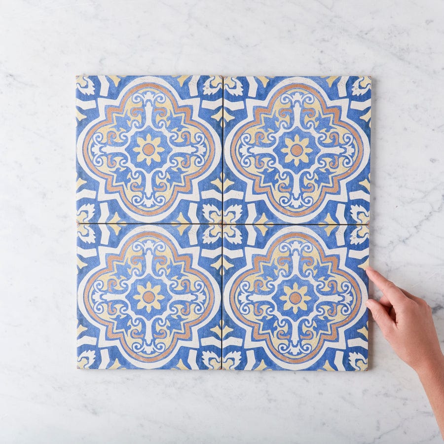 Premium Cowra Blue Encaustic Look Ceramic Tile - Vintage Style Floor & Wall Tile for Bathroom, Kitchen, and Backsplash Design