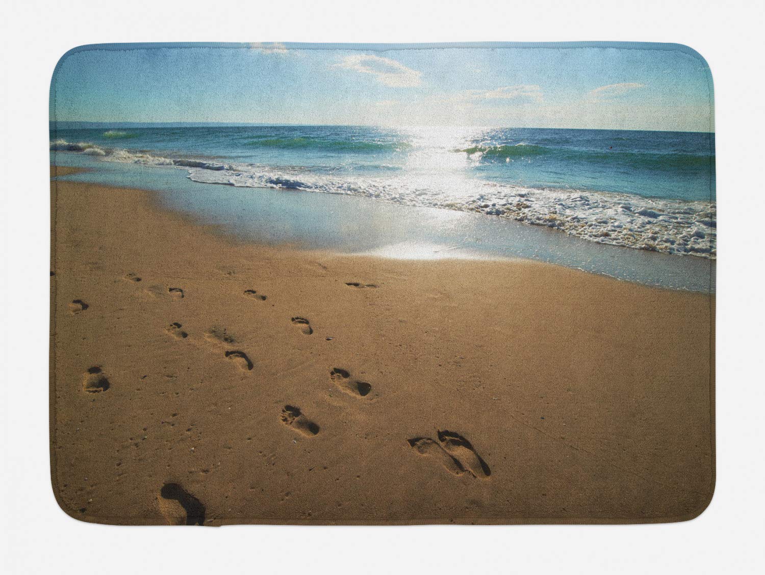 Lunarable Footprints in The Sand Bath Mat - Non-Slip Plush Bathroom Rug with Ocean Shore & Sunbeam Design, 30.2 x 20 Inches, Caramel Blue Grey - Perfect for Coastal Decor, Beach House Bathrooms & Spa-Style Showers