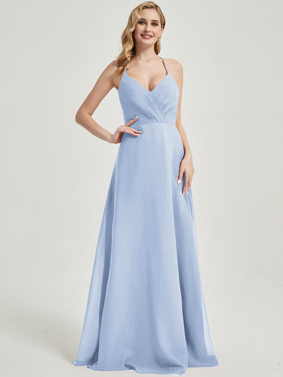 Cornflower Blue Pleated Halter V-Neck Backless Chiffon Bridesmaid Dress - Elegant Formal Gown for Weddings, Parties & Special Occasions