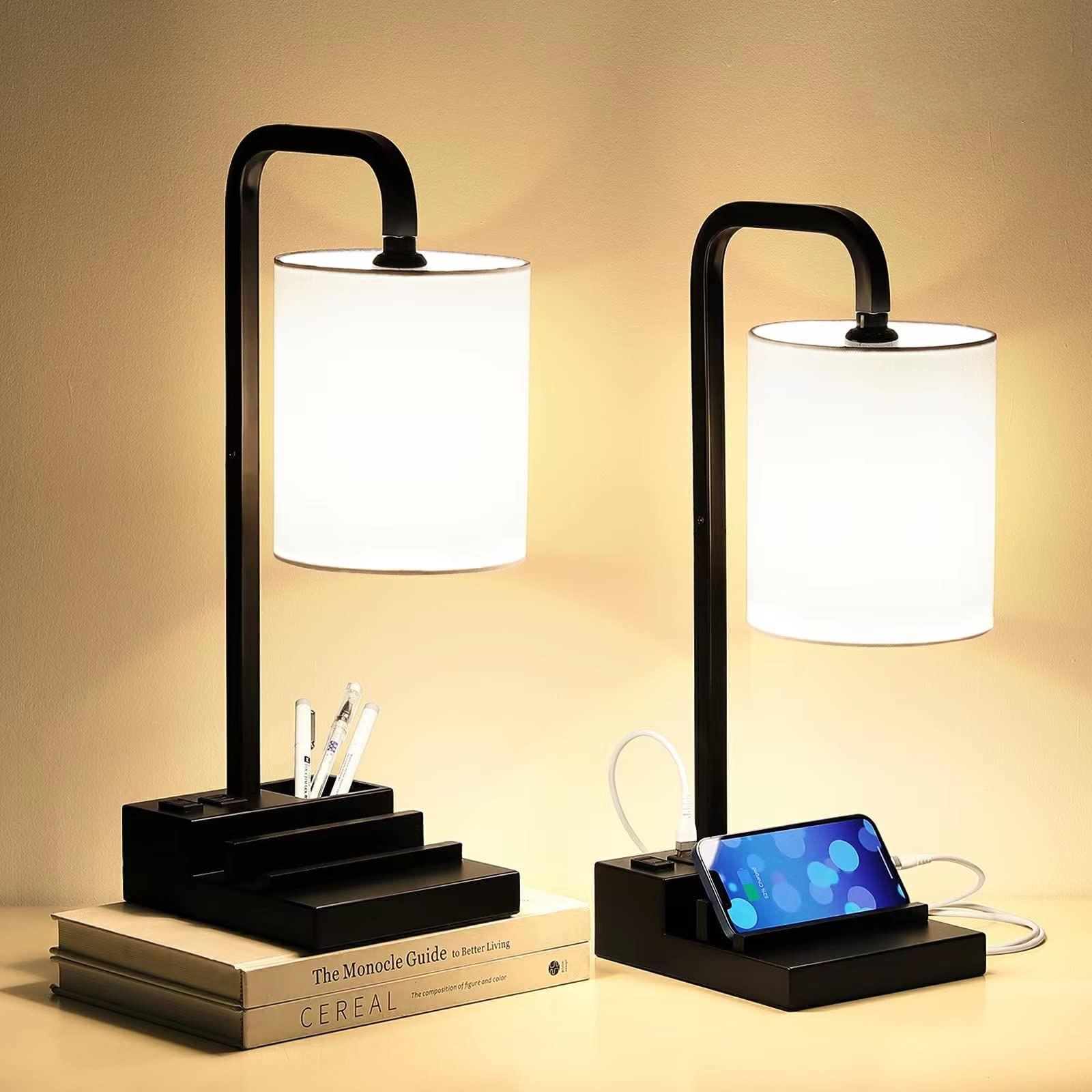 2-Pack Nightstand Lamps with 3-Way Dimmable Touch Control, USB Charging Ports & AC Outlet - Modern Bedside Table Lamps for Bedroom & Living Room with Built-in Phone Stands & Pen Holder (Bulb Included) - Perfect for Reading, Charging Devices & Home Decor
