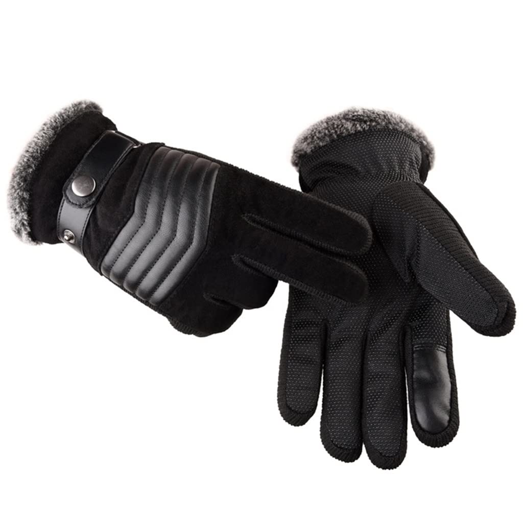 Premium Brown Men's Leather Gloves - Genuine Pigskin Winter Gloves for Driving, Skiing & Outdoor Activities - Warm Thick Lined - One Size Fits Most - Ideal for Cold Weather, Commuting & Winter Sports (Black)
