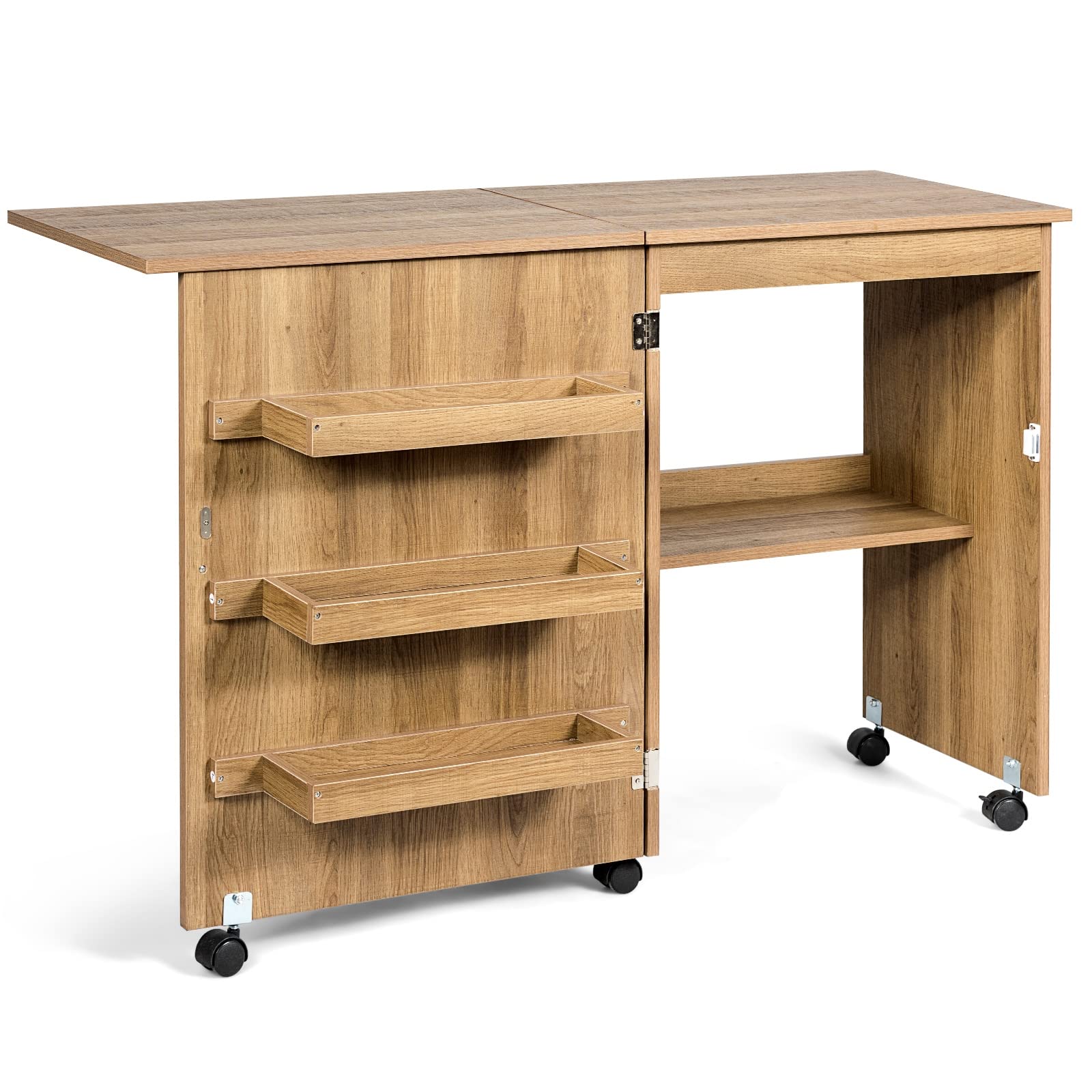 LHONE Portable Folding Sewing Craft Table with Storage Shelves & Wheels - Multifunctional Rolling Space-Saving Sewing Cabinet for Quilting, Embroidery & DIY Projects (Natural Finish)