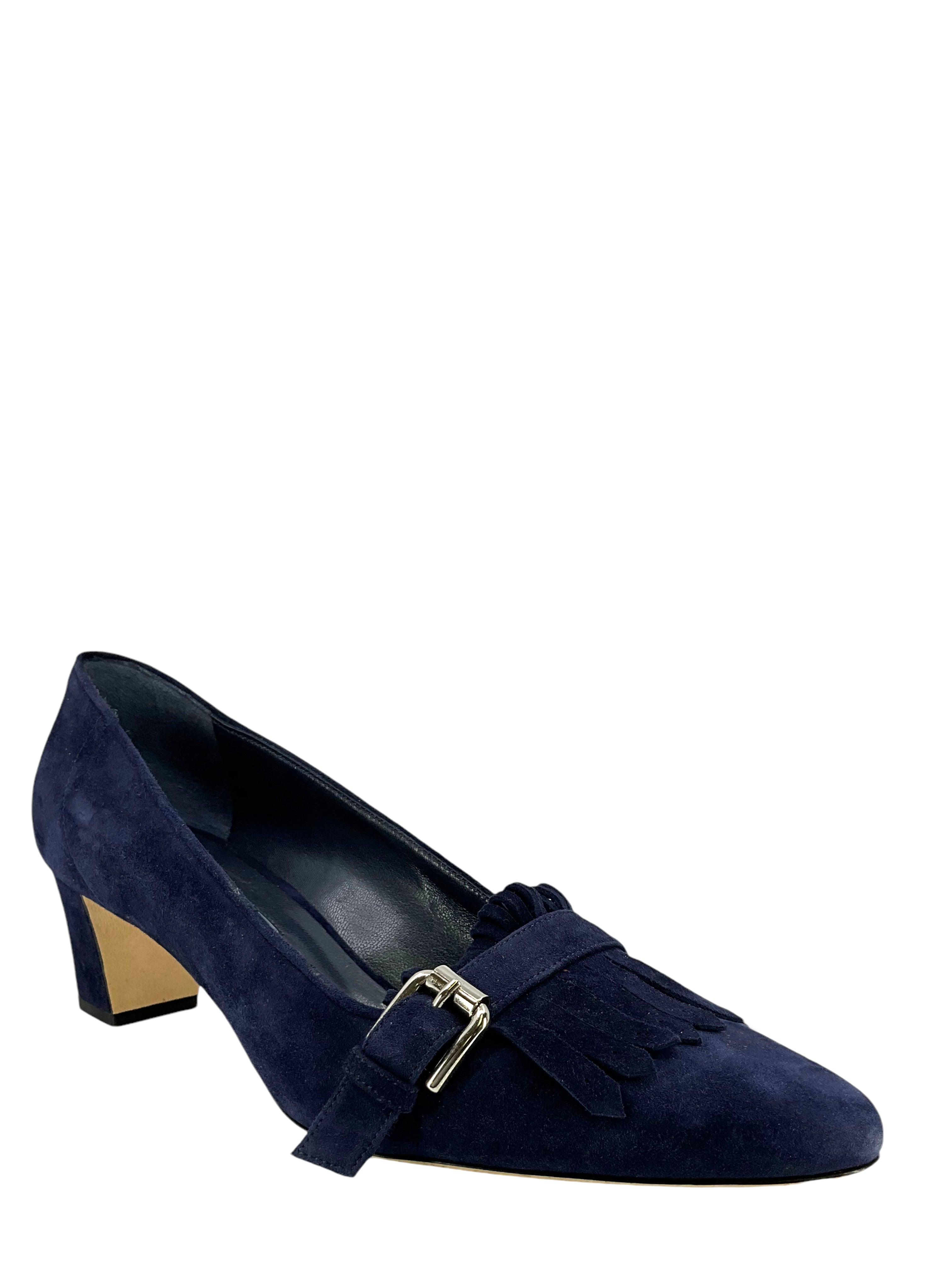 Manolo Blahnik Suede Buckle Tassel Pumps Women's Size 9.5 - Elegant High Heels for Office, Party & Special Occasions