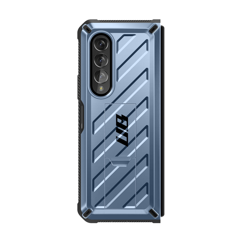 Samsung Galaxy Z Fold 4 Case with Built-in Kickstand & Screen Protector - Shockproof Heavy Duty Cover in Metallic Blue | Perfect for Work, Travel & Everyday Protection