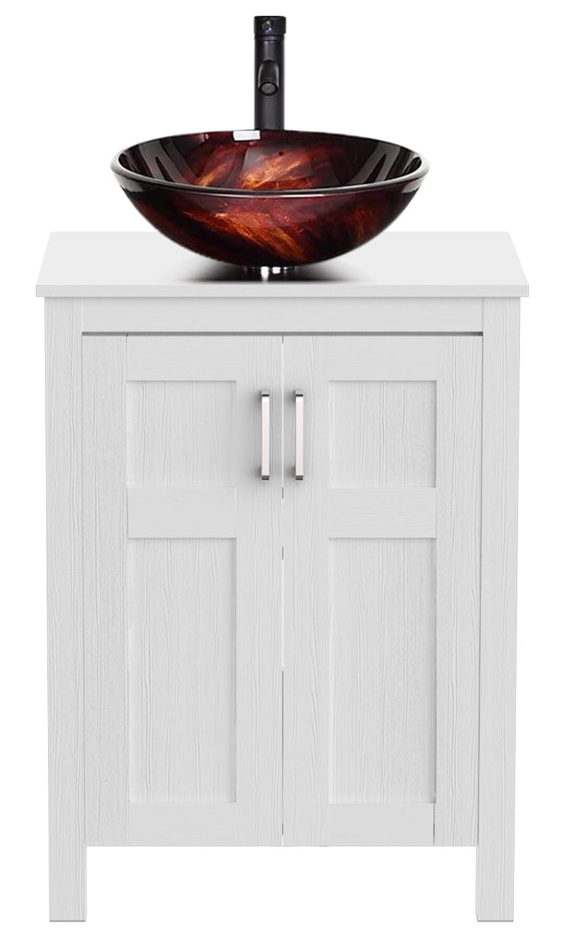 YOURLITE 24 Inch White Traditional Bathroom Vanity Set with Tempered Glass Sink Top & 2-Door Cabinet - Single Faucet Hole - Perfect for Small Bathrooms, Powder Rooms & Guest Baths