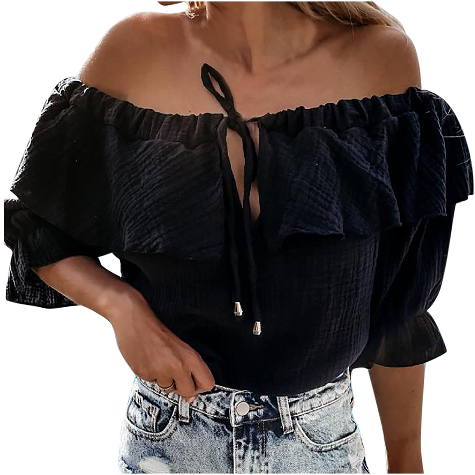 TIMIFIS Women's Sexy Off Shoulder Ruffled Short Sleeve Blouse - Summer Casual Solid Color Tunic Top for Beach, Party & Date Night Outfits