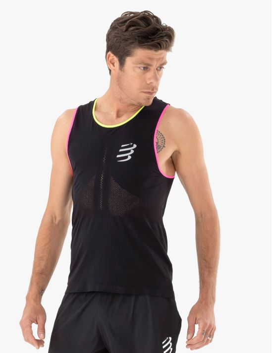 Compressport Men's Pro Racing Singlet - Lightweight Breathable Running Top for Marathon & Triathlon - Black/Safe Yellow - Ideal for Competition, Training & Outdoor Sports
