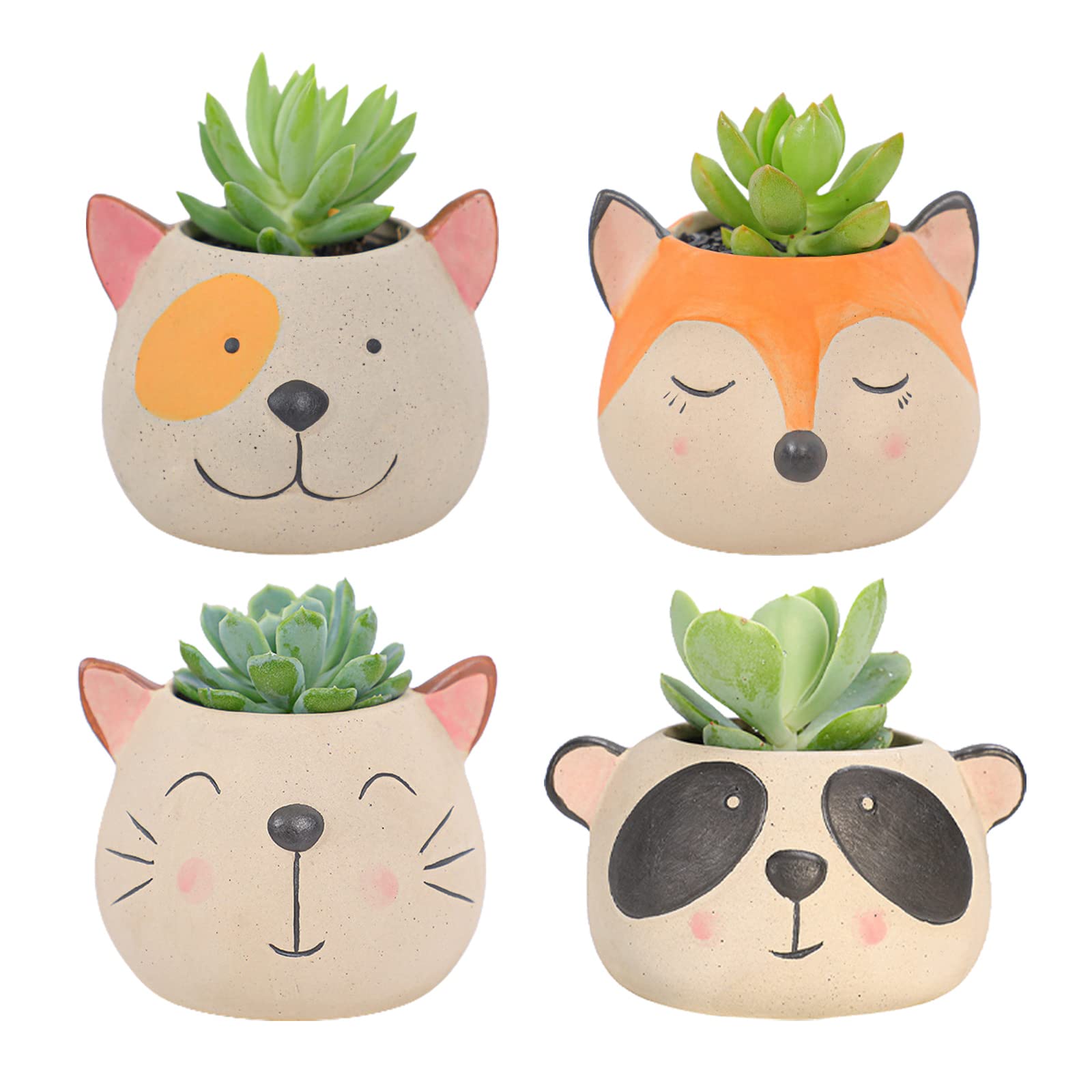4 Pack Ceramic Succulent Planter Pots - 3.5 Inch Cute Mini Flower Pots with Drainage Holes - Round Small Planters for Succulents, Herbs & Flowers - Panda Dog Cat Animal Decor for Home, Office & Garden Decor
