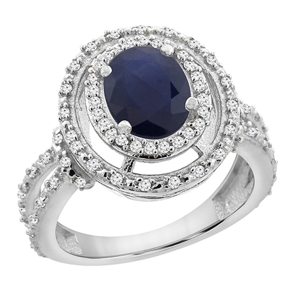 14K White Gold Natural Australian Sapphire Oval Ring 8x6mm with Double Halo Diamond Accents - Size 5-10 | Elegant Engagement, Wedding & Anniversary Jewelry Gift for Women