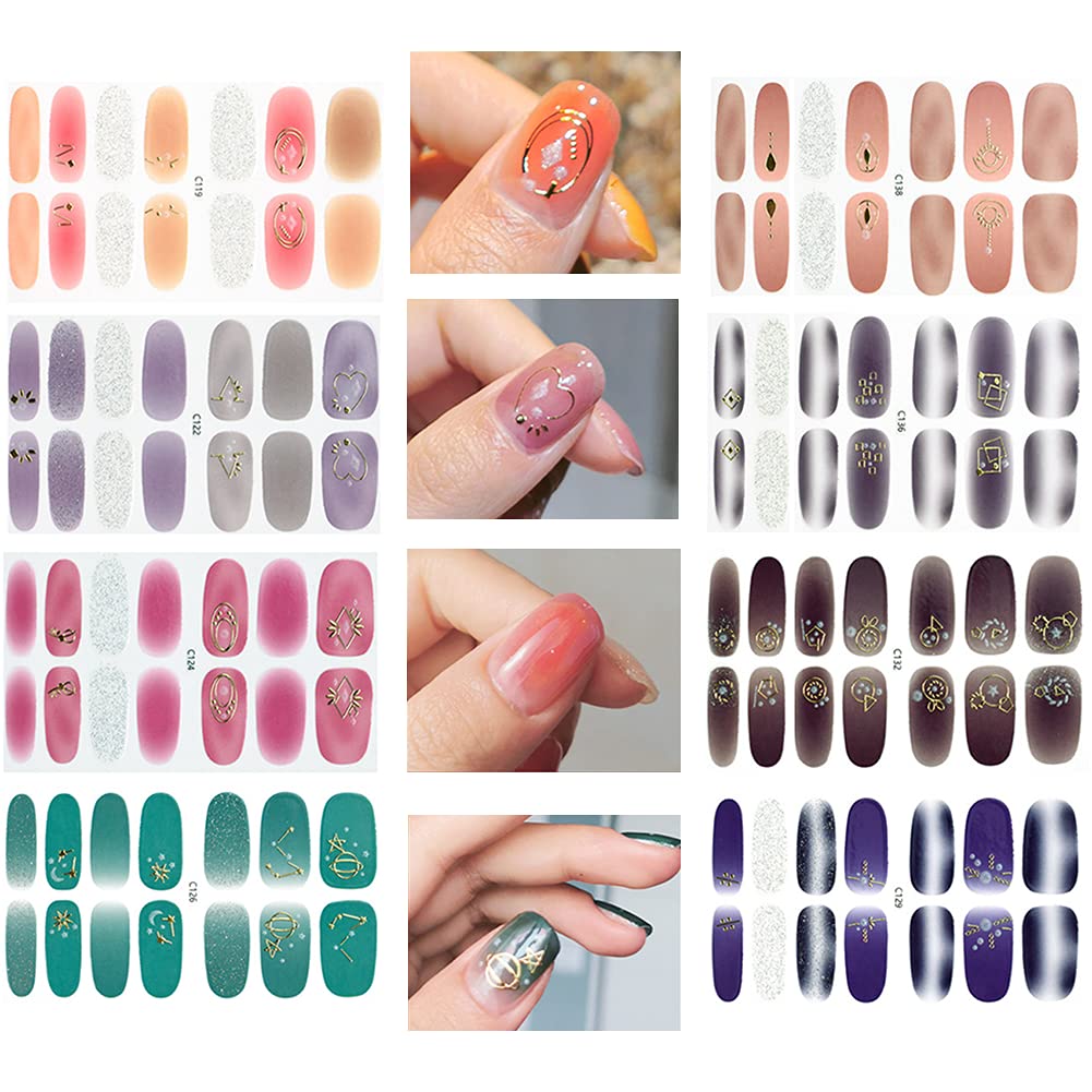 8 Sheets Full Wrap Nail Stickers - Gradient Polish Nail Art Decals with Small Patterns | Holographic Self-Adhesive DIY Nail Decorations for Women & Girls | Perfect for Parties, Weddings, and Daily Nail Art Designs