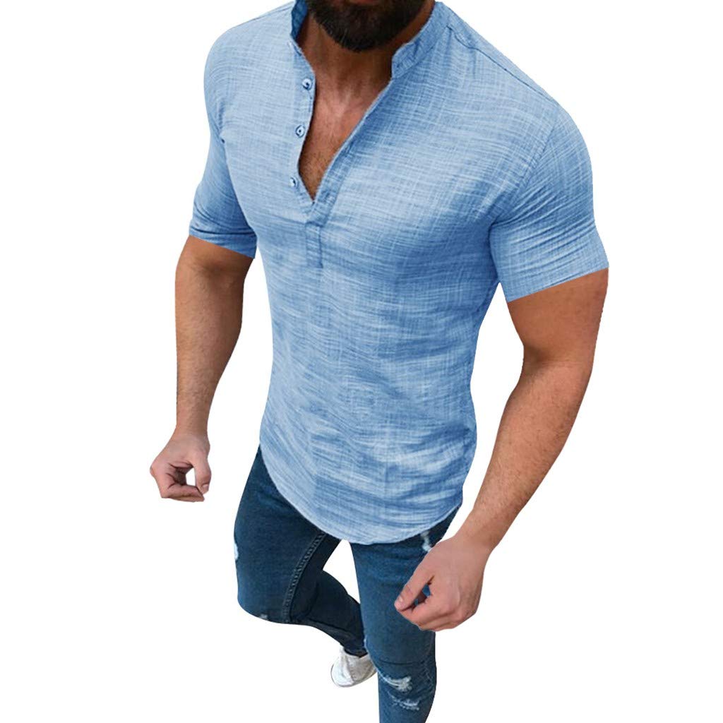 WENKOMG1 Men's Baggy Short Sleeve Henley Shirt - 1/4 Button Cotton Linen Blend Casual T-Shirt for Spring & Summer | Lightweight Breathable Top for Outdoor Activities, Beach Wear & Street Fashion