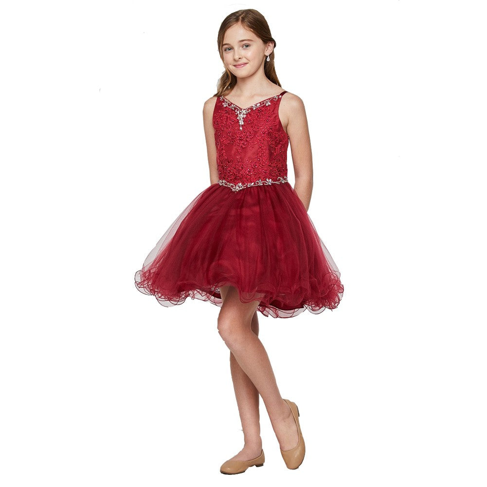 Burgundy Rhinestone Pearl Tulle Junior Bridesmaid Dress for Big Girls - Size 12-16 | Perfect for Weddings, Prom, and Formal Events