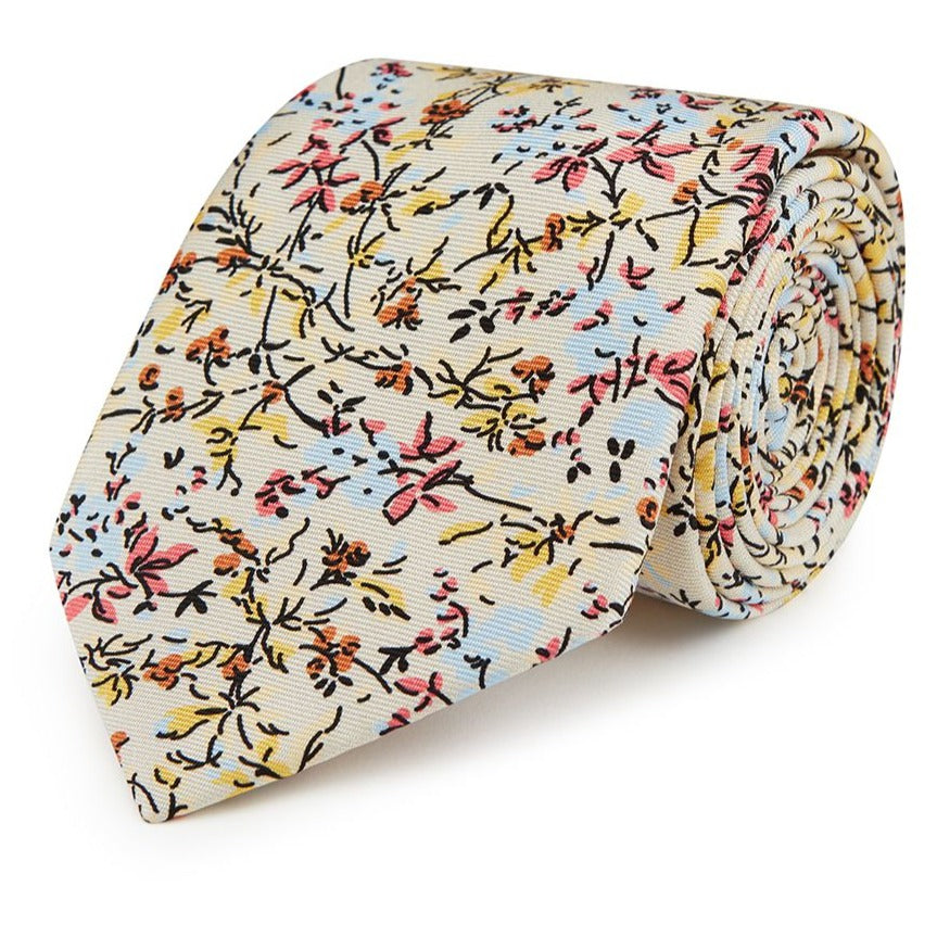 Ivory and Pink Floral Printed Silk Tie for Men - Elegant Climbing Floral Design - Perfect for Weddings, Business Meetings & Formal Events
