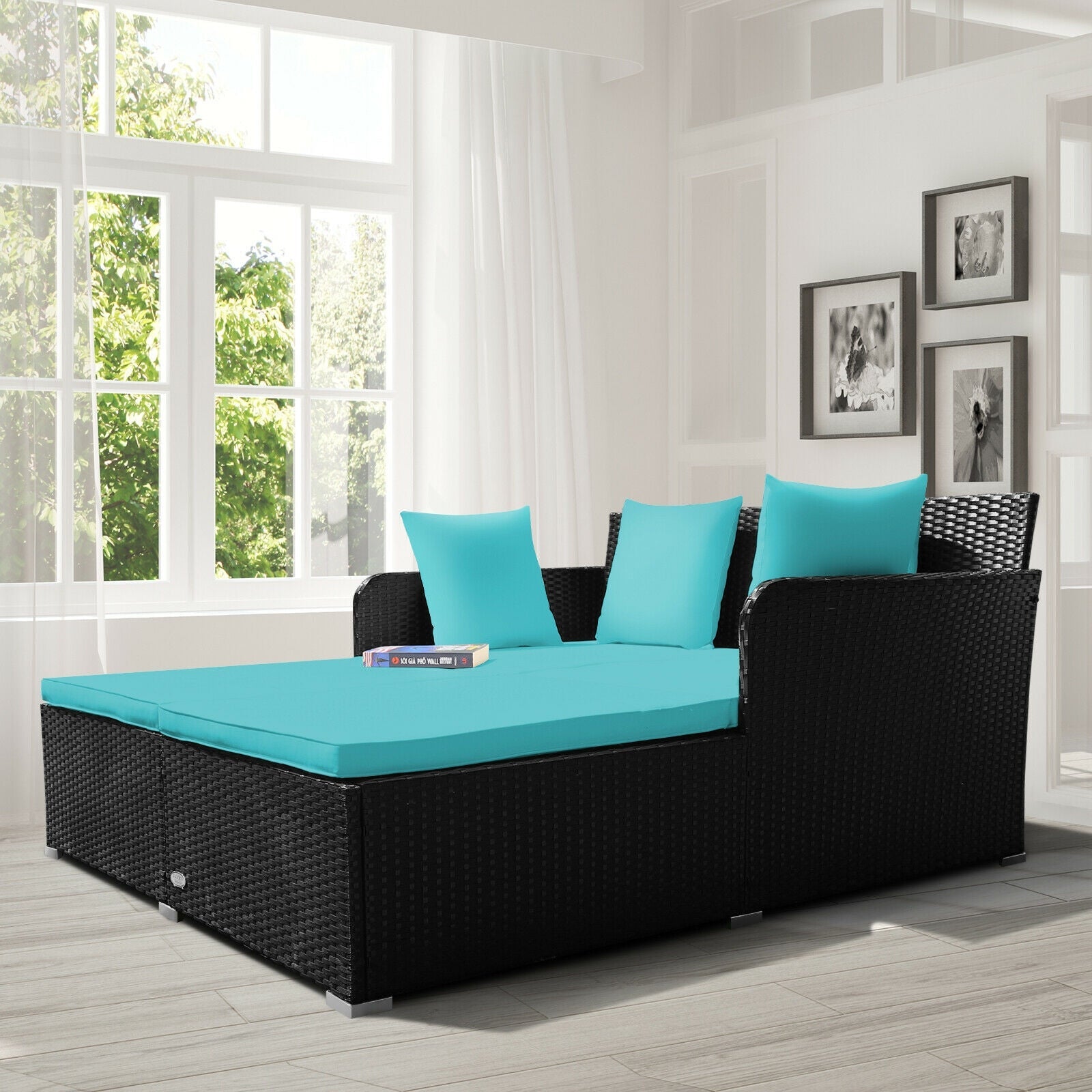 Premium Outdoor Rattan Daybed with Plush Upholstered Cushions & Turquoise Pillows - Waterproof Patio Lounge for Poolside, Garden, or Backyard Relaxation
