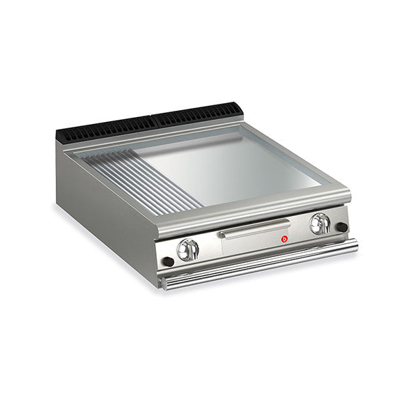 Baron 2 Burner Gas Fry Top 700Mm Depth Commercial Griddle with 2/3 Smooth & 1/3 Ribbed Chrome Plate, Thermostat Control Q70FTT/G825 - Perfect for Restaurants, Diners, and Food Trucks